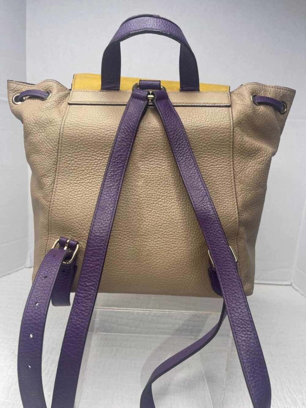 Coach Kleo Pebbled Leather Colorblock Casual Backpack Yellow/Tan/Purple - Picture 2 of 15